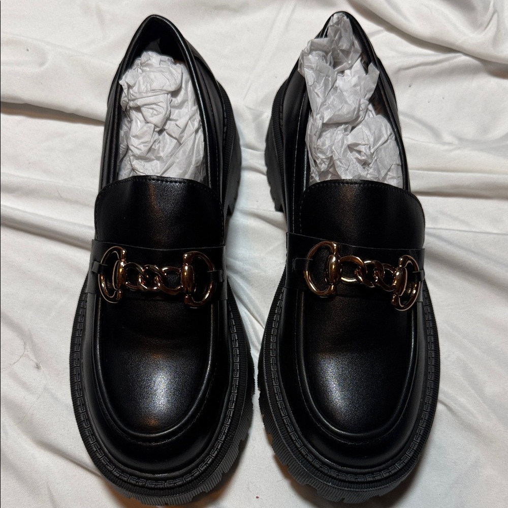 Black Loafers with Bronze Chain Detail